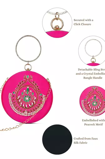 glided gleam magenta, pearl & multi peacock embroidered faux silk clutch