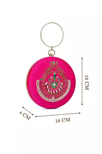 glided gleam magenta, pearl & multi peacock embroidered faux silk clutch