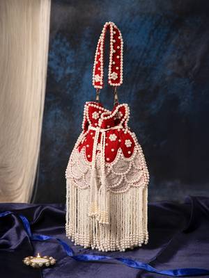 dewdrop fringe deep red & pearl white beaded velvet potli 1