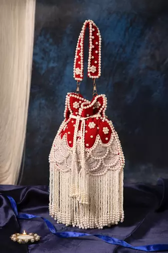 dewdrop fringe deep red & pearl white beaded velvet potli