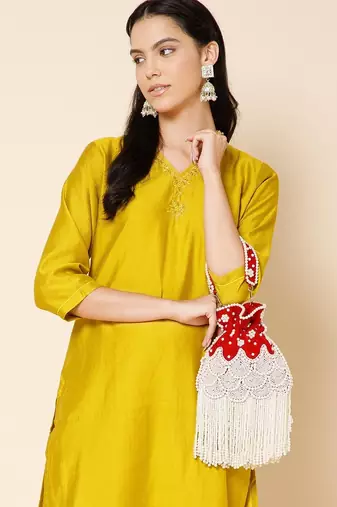 dewdrop fringe deep red & pearl white beaded velvet potli