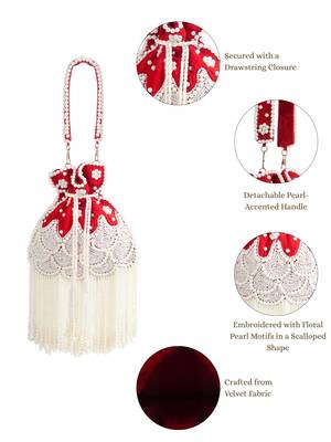 dewdrop fringe deep red & pearl white beaded velvet potli 4