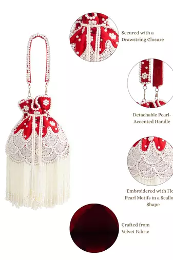 dewdrop fringe deep red & pearl white beaded velvet potli