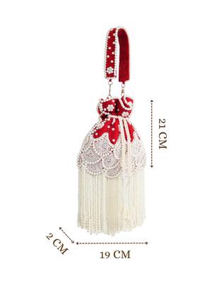 dewdrop fringe deep red & pearl white beaded velvet potli 5