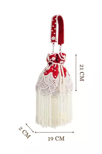 dewdrop fringe deep red & pearl white beaded velvet potli