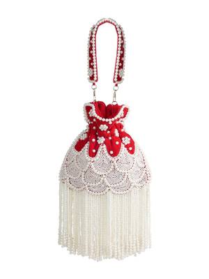 dewdrop fringe deep red & pearl white beaded velvet potli 6