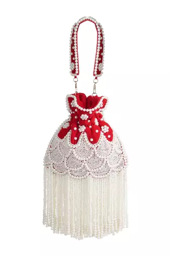 dewdrop fringe deep red & pearl white beaded velvet potli
