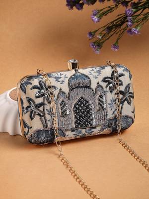 glided gleam beige & navy faux silk palace embroidered clutch 1
