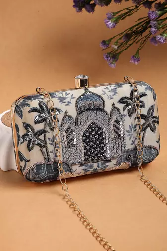 glided gleam beige & navy faux silk palace embroidered clutch