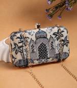 glided gleam beige & navy faux silk palace embroidered clutch
