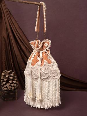 dewdrop fringe burnt orange & pearl white beaded velvet potli 1