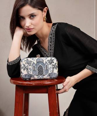 glided gleam beige & navy faux silk palace embroidered clutch 3