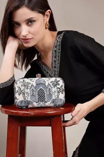 glided gleam beige & navy faux silk palace embroidered clutch