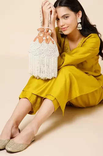 dewdrop fringe burnt orange & pearl white beaded velvet potli
