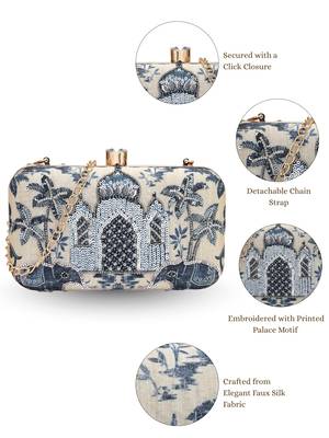 glided gleam beige & navy faux silk palace embroidered clutch 4