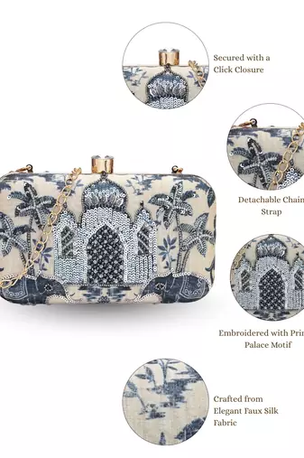 glided gleam beige & navy faux silk palace embroidered clutch
