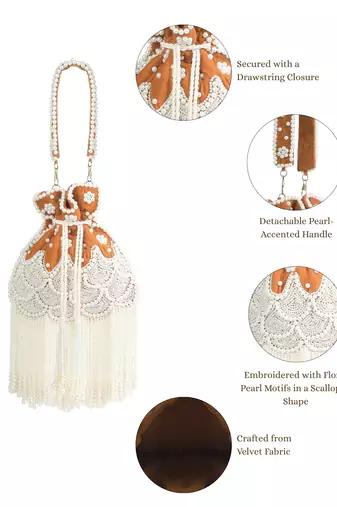 dewdrop fringe burnt orange & pearl white beaded velvet potli