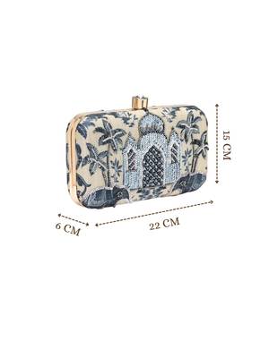 glided gleam beige & navy faux silk palace embroidered clutch 5