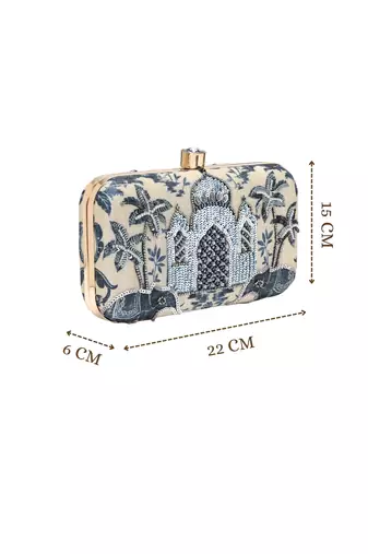 glided gleam beige & navy faux silk palace embroidered clutch
