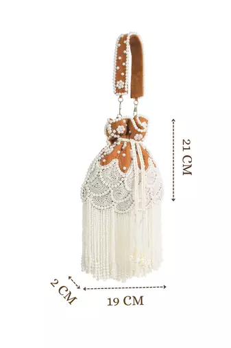 dewdrop fringe burnt orange & pearl white beaded velvet potli