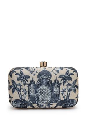 glided gleam beige & navy faux silk palace embroidered clutch 6