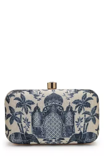 glided gleam beige & navy faux silk palace embroidered clutch