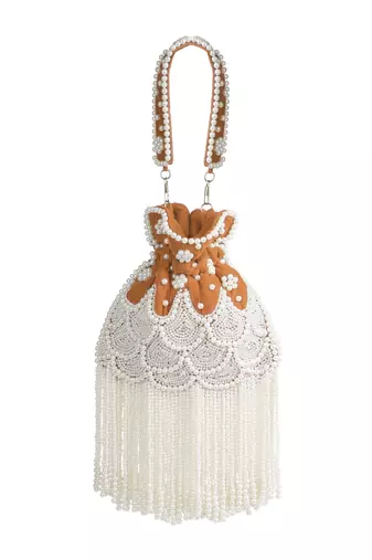 dewdrop fringe burnt orange & pearl white beaded velvet potli
