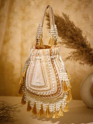 dewdrop fringe champagne gold & ivory embellished velvet potli 1