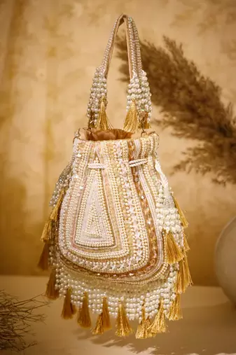 dewdrop fringe champagne gold & ivory embellished velvet potli