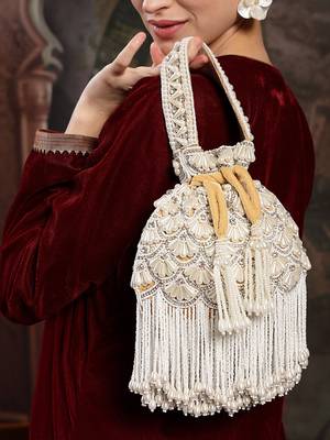 opal thread mustard yellow & pearl velvet embroidered potli 1