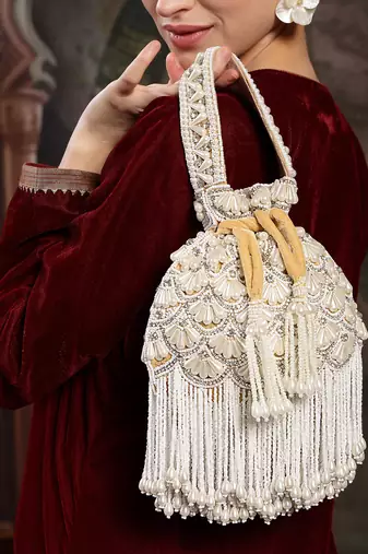 opal thread mustard yellow & pearl velvet embroidered potli