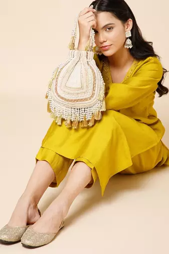 dewdrop fringe champagne gold & ivory embellished velvet potli