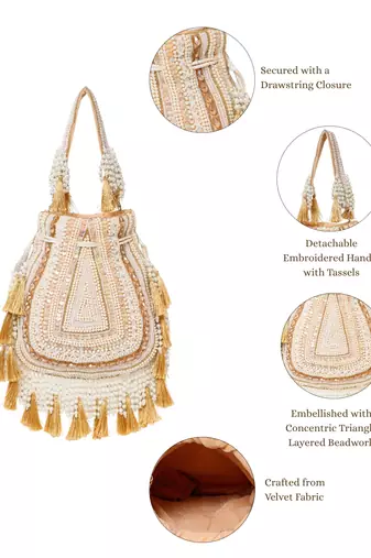 dewdrop fringe champagne gold & ivory embellished velvet potli