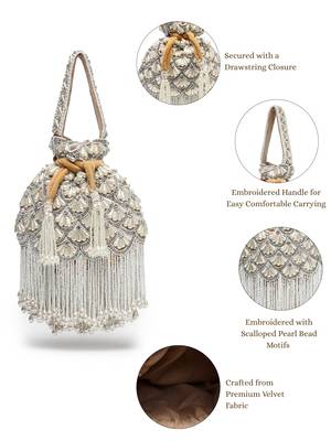 opal thread mustard yellow & pearl velvet embroidered potli 4