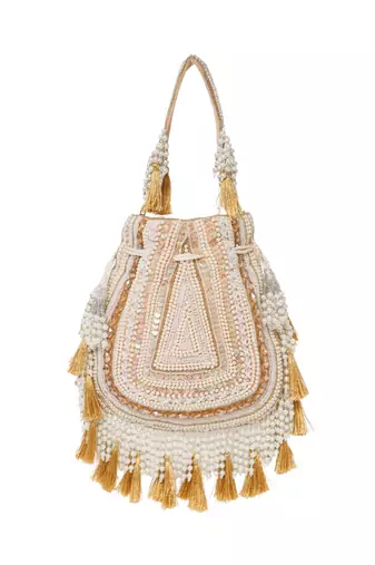 dewdrop fringe champagne gold & ivory embellished velvet potli