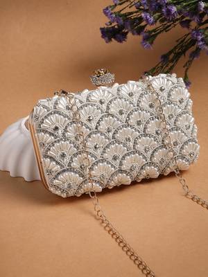 opal thread pearl & silver faux silk scallop beaded clutch 1