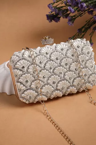 opal thread pearl & silver faux silk scallop beaded clutch