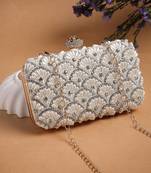 opal thread pearl & silver faux silk scallop beaded clutch