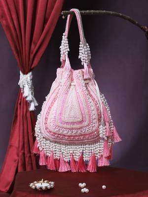 dewdrop fringe coral pink & ivory embellished velvet potli 1