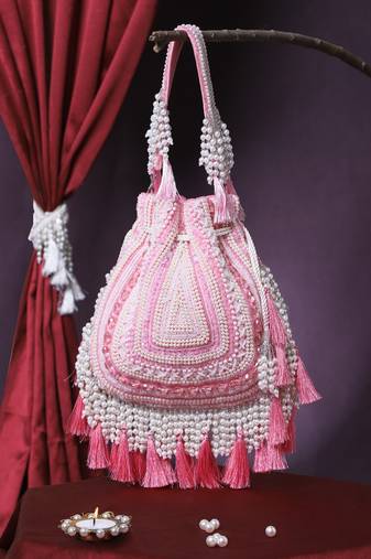 dewdrop fringe coral pink & ivory embellished velvet potli