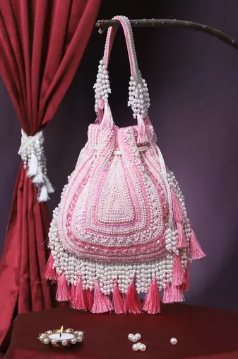 dewdrop fringe coral pink & ivory embellished velvet potli