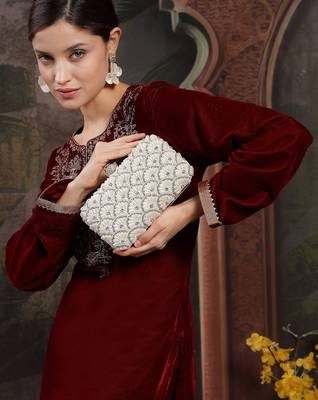 opal thread pearl & silver faux silk scallop beaded clutch 3