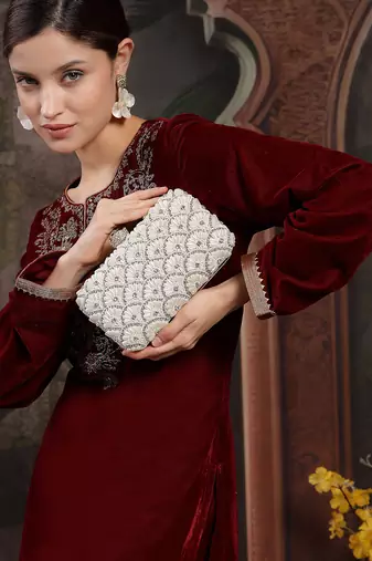 opal thread pearl & silver faux silk scallop beaded clutch