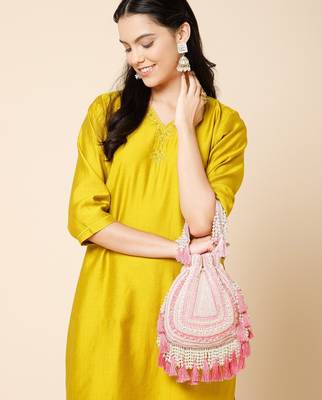 dewdrop fringe coral pink & ivory embellished velvet potli 3