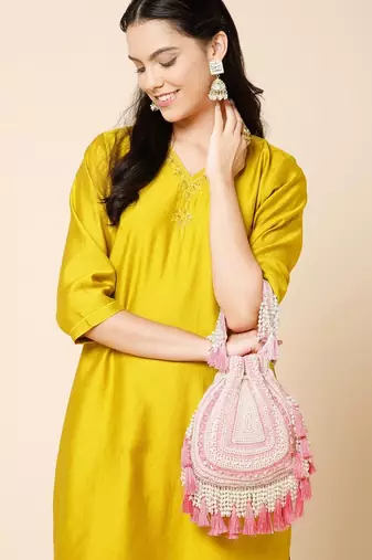 dewdrop fringe coral pink & ivory embellished velvet potli