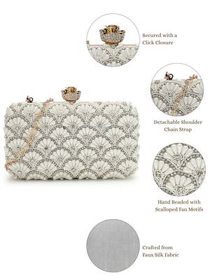 opal thread pearl & silver faux silk scallop beaded clutch 4