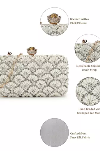 opal thread pearl & silver faux silk scallop beaded clutch