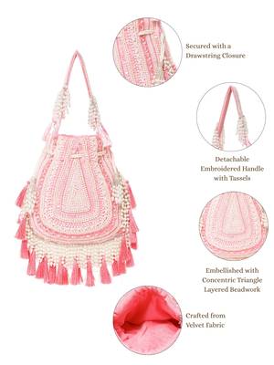 dewdrop fringe coral pink & ivory embellished velvet potli 4
