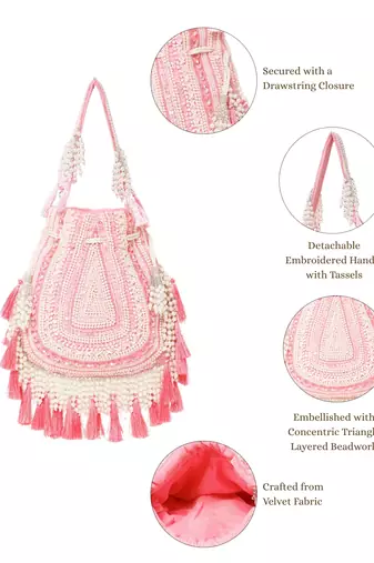 dewdrop fringe coral pink & ivory embellished velvet potli