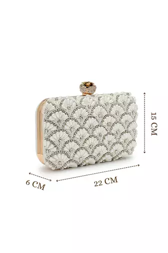 opal thread pearl & silver faux silk scallop beaded clutch